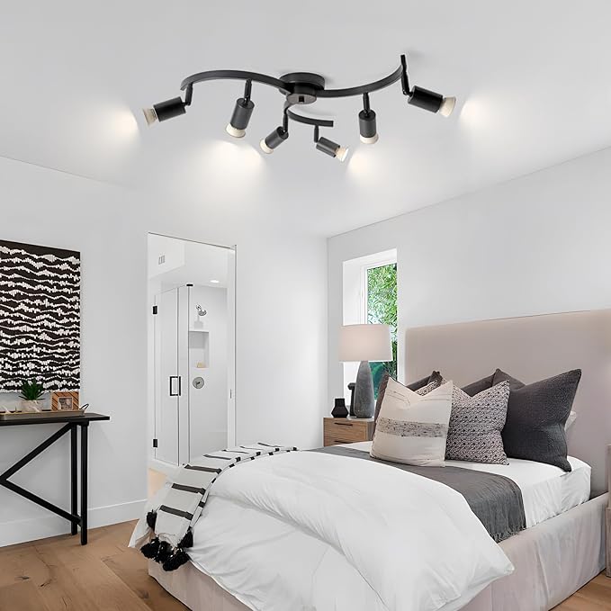 SEEBLEN 6 Light Track Lighting Fixtures Ceiling, Flexibly Rotatable Light Heads, Black Semi Flush Mount Ceiling Light for Kitchen Dining Room Living Room.Gu10 Bulb Base.