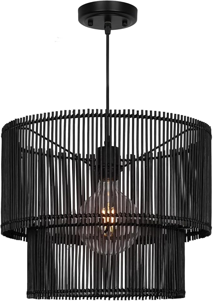 Woven Rattan Pendant Lamp, 16 Inch Large Natural Simple Hand Weaved Coastal Beach Black Rope Hanging Pendant Light Fixture for Dining Room Living Room Bedroom Kitchen Foyer