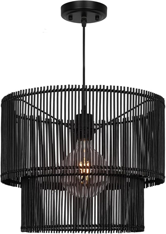 Woven Rattan Pendant Lamp, 16 Inch Large Natural Simple Hand Weaved Coastal Beach Black Rope Hanging Pendant Light Fixture for Dining Room Living Room Bedroom Kitchen Foyer