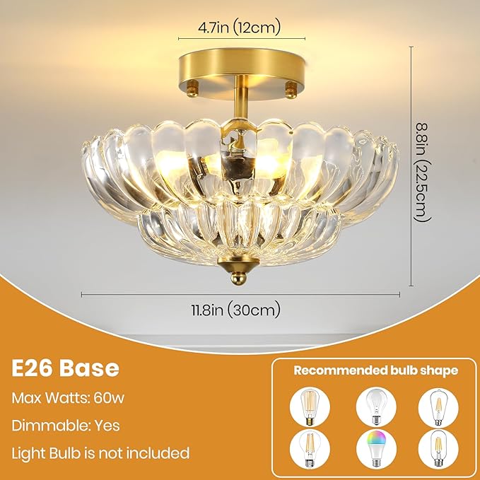 Vintage Semi Flush Mount Ceiling Light Fixture,3-Light Mid Century Modern Glass Close to Ceiling Light Fixtures for Bedroom Hallway Foyer Entryway Kitchen Laundry Room Nursery