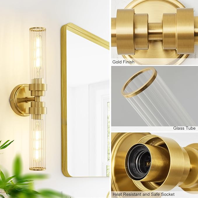Bathroom Light Fixtures, Gold Wall Sconce in Threaded Glass Vanity Lights 2 Pack, Modern Bathroom Vanity Light Up and Down Sconces Wall Lighting for Bathroom, Living Room - Bulb Not Included