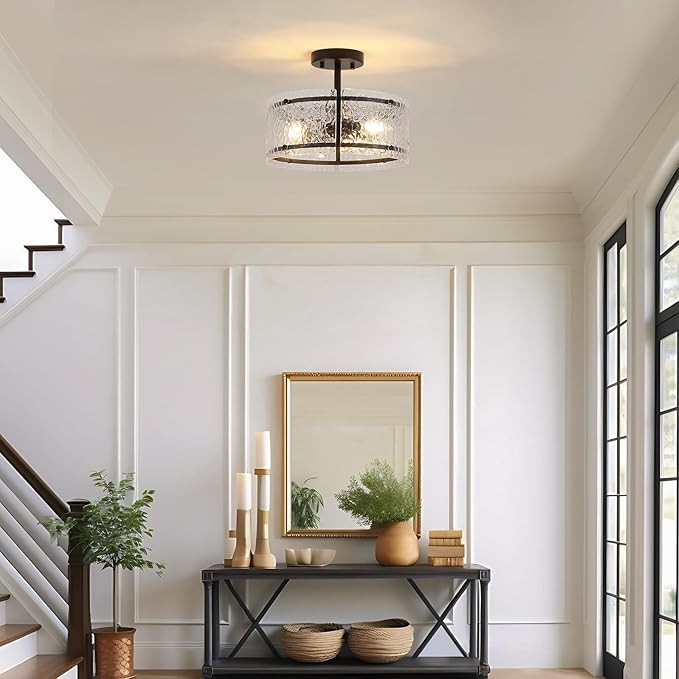 Black Semi Flush Mount Ceiling Light, 3-Light Foyer Lighting Fixtures, 12.6" Glass Hallway Entryway Ceiling Light Fixture for Dining Room Kitchen Bedroom Living Room