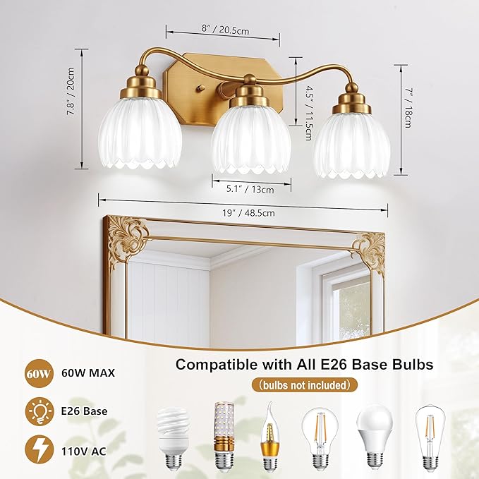 Vintage Bathroom Light Fixtures, Gold Bathroom Vanity Light, Matte Antique Brass Finish with Crystal Glass Shade, Wall Sconces Lighting for Bedroom, Living Room, Hallway (Milk White, 3-Light
