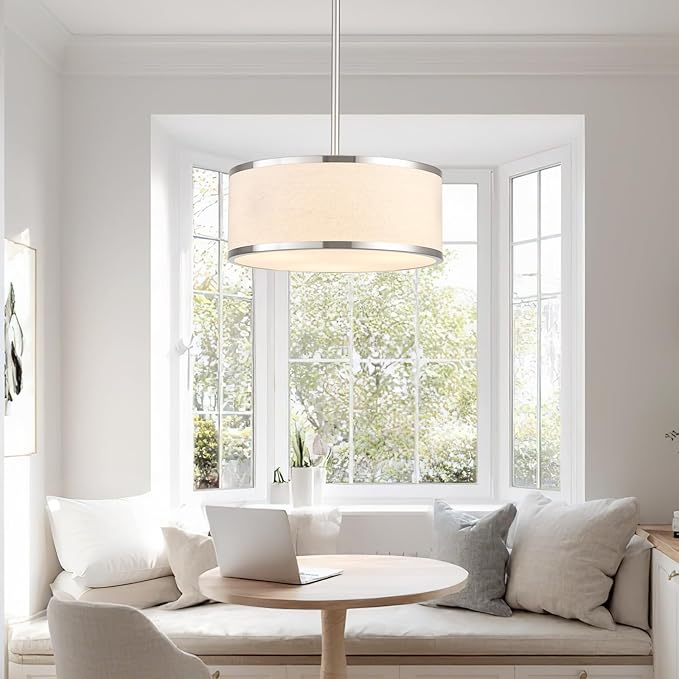 12.6" Drum Pendant Light Fixture 3-Light Brushed Nickel Chandelier with Fabric Shade for Kitchen Dining Room Living Room Bedroom