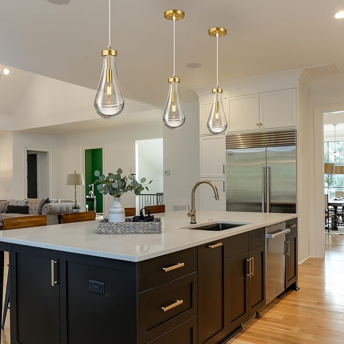 Raindrop Pendant Lights Kitchen Island Set of 3 Teardrop Gold Hanging Light Fixtures Clear Solid Glass Pendant Light Modern Chandeliers for Dining Room Porch Corridor Living Room…