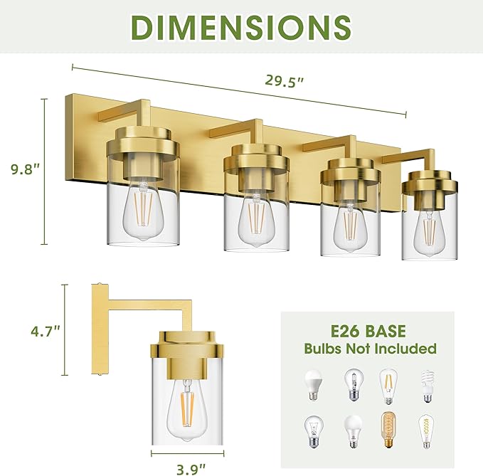 Espird Bathroom Lighting Fixtures, 4-Light Bathroom Vanity Lights Over Mirror, Brass Vanity Light with Glass Shade, Modern Vanity Lighting Fixtures for Bedroom, Hallway