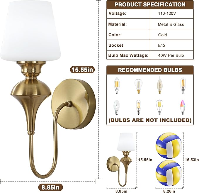 LASENCHOO Modern Gold Wall Sconce, 1-Pack Antique Brass Wall Light Fixtures with Glass Shade, Vintage Sconces Wall Lighting Single Wall Mounted Lamp for Bedroom Living Room Bathroom Vanity Light