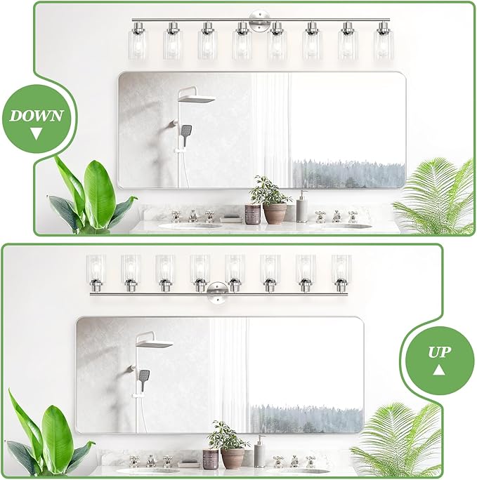 8-Light Brushed Nickel Vanity Lights, Modern Bathroom Light Fixtures with Clear Glass Shade, Wall Lamps for Mirror Kitchen Hallway Cabinet Living Room Sconces Lights - E26