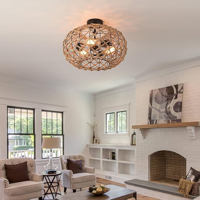 3-Light Large Coastal Woven Flush Mount Ceiling Light Fixture 17.7 inch Boho Rustic Handmade Hemp Rope Round Cage Semi Flush Mount Ceiling Lighting for Bedroom Entry Farmhouse Hall Beach, Black