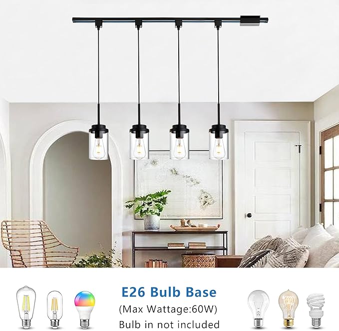 MELUCEE 4 Pack H-Type Track Lighting Pendants Black Ceiling Track Hanging Light Fixtures with Clear Glass Shades, Compatible with H Type Track Lighting Rail, E26 Socket