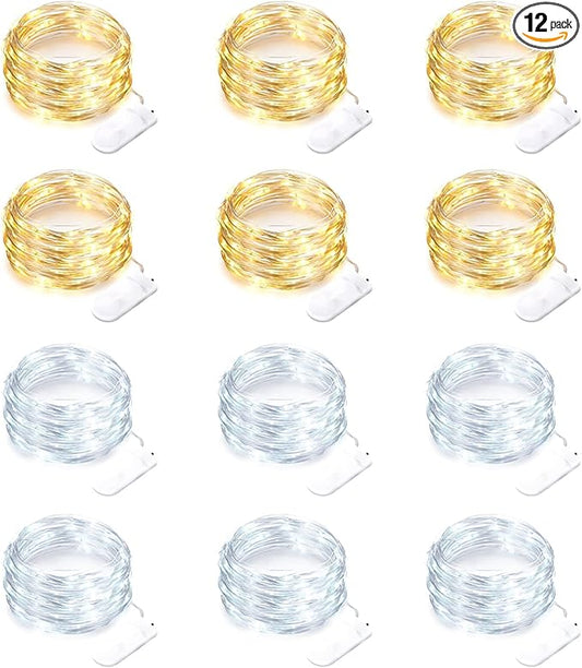 Yiaht 12 Pack Fairy Lights Battery Operated String Lights 7 Feet 20 Led Waterproof Christmas Lights Silver Wire Firefly Starry Moon Lights for Bedroom DIY Party WW+WT