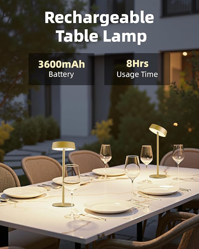 Cordless Lamp, Rechargeable Table Lamp, Battery Operated, RGB Dimmable Touch Control, 3 Color Temperatures, LED Memory Function, Portable Outdoor Waterproof, Restaurant Dining Patio Kitchen, Gold 2Pcs