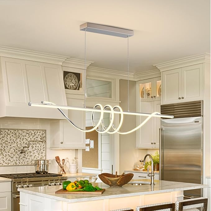 Modern LED Pendant Lights Kitchen Island,3000k-6000K Adjustable Color Dining Room Light Fixture,Dimmable with Remote Control Aluminum for Kitchen, Living, Dining,Bedroom(57in Chrome Silver