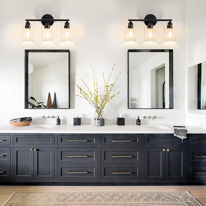 3-Light Bathroom Vanity Light Fixture, Modern Wall Lamp for Mirror with Clear Amber Glass Shade and Black Finish