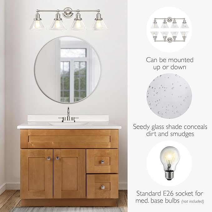 Design House Augustin Vanity Light, 4-Light, Seeded Glass Warm Glow, Dimmable, Up/Down Glow, Easy Installation, E26 Socket, Satin Nickel, 34.9 in L x 8.3 in D x 11.1 in H, 589044-SN