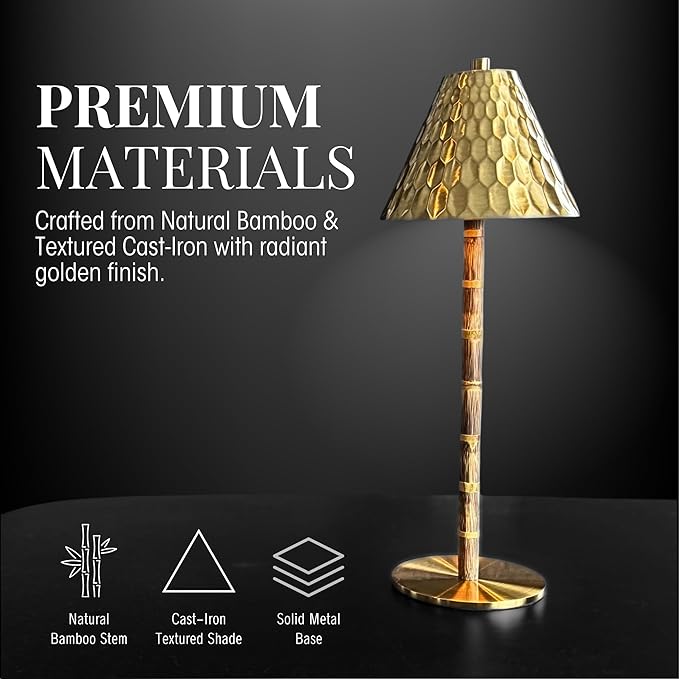 Bamboo Cordless LED Table Lamp – Rechargeable 24-Hour Battery, Dimmable Warm Light, 15" Portable Wireless Lamp with Remote for Indoor/Outdoor Use, Home, Patio, Restaurant – Textured Gold