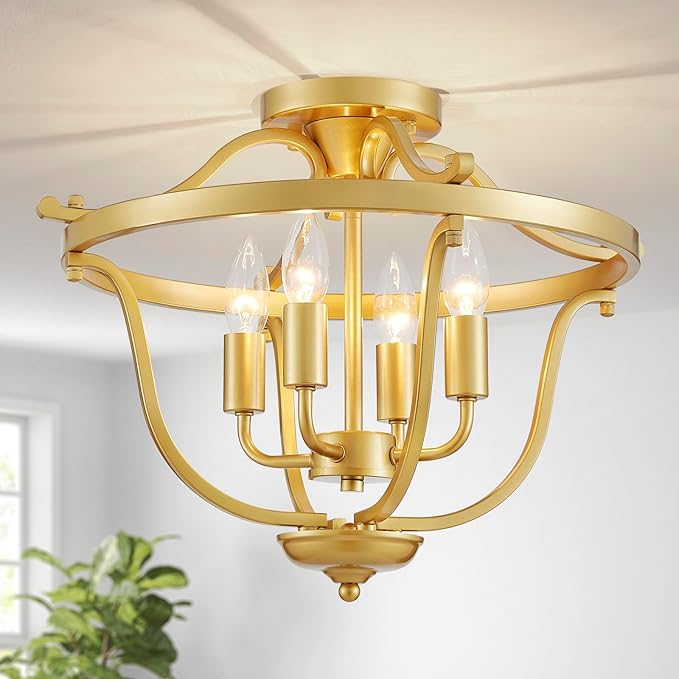 Modern 4-Light Vintage Antique Candle Chandelier Ceiling Light, Gold Ceil Light Fixture for Dining Room, Living Room, Bedroom, Farmhouse Style, Maria Theresa Style, D17.3*H15 inch