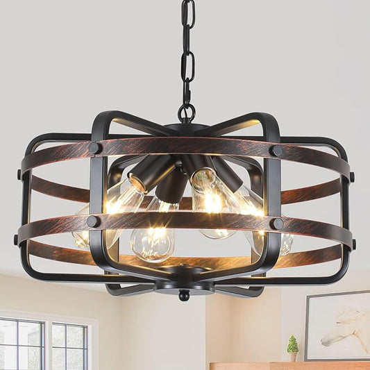 17.71" Modern Farmhouse Chandelier 4-Lights Cage Industrial Black Chandeliers for Dining Room Light Fixture Rustic Lantern Pendant Vintage Lighting Fixtures for Foyer Kitchen Entryway Living Room E26