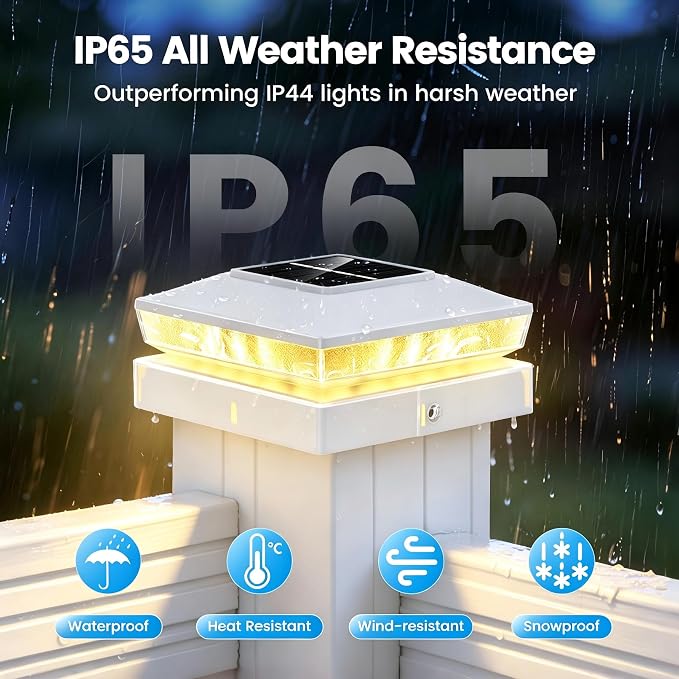 Solar Post Cap Lights 2 Pack, IP65 Waterproof Outdoor Fence Post Solar Lights for 3.5x3.5 & 4x4 Wood/Vinyl Posts, 10-12 Hours Upgraded Warm/Cool White Glow for Garden/Patio/Porch - Ivory White
