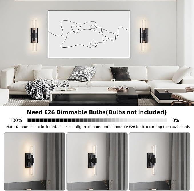 Black Wall Sconces Set of Two,Modern Bathroom Light Fixtures,2-Light Sconces Wall Lighting with Thickened Tempered Clear Glass,19 in Indoor Hardwired Wall Lights for Bedroom,Mirror, E26 Base