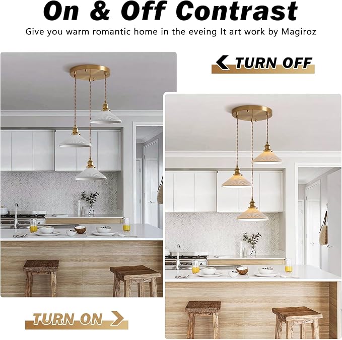 3 Light Pendant Lighting Brushed Gold Cluster Pendant Light Fixture Milk Glass Chandelier Modern Mid Century White Ceramic Cluster Hanging Pendant Lights Kitchen Island for Bedroom MPL16D-3R