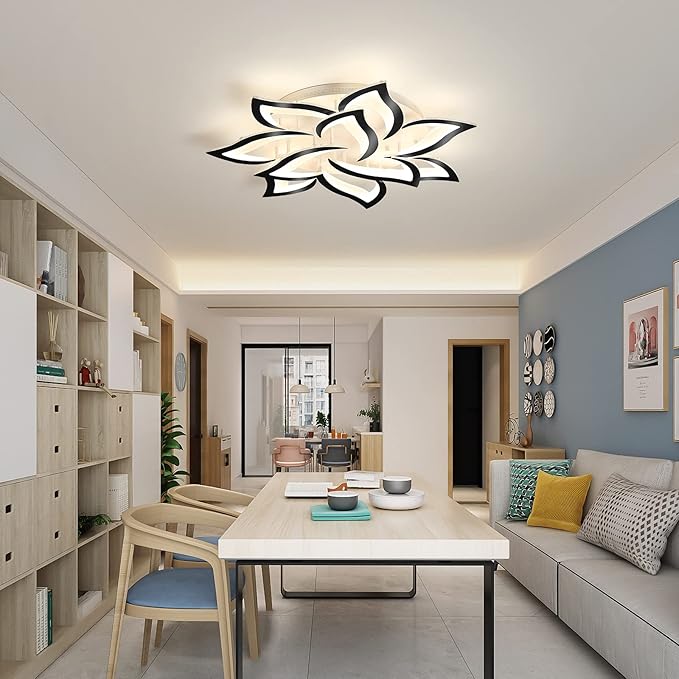 Garwarm Modern LED Ceiling Lights,Dimmable Flush Mount Ceiling Lamp Fixture, Black Petals Flower Shape Ceiling Light Chandelier Lighting for Bedroom Living Dining Room (72W, Black)