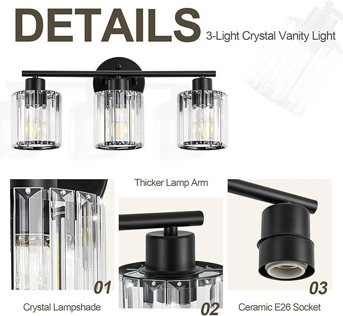 Crystal Bathroom Light Fixtures, Bathroom Lighting Fixtures Over Mirror, Modern Black 3-Light Vanity Lights for Mirror, Restroom, Bedroom (Ceramic E26 Socket,Bulbs Not Include)