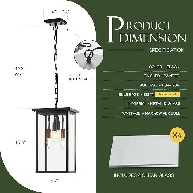10" Modern 4-Light Exterior Black Square Lantern Pendant Light Fixture with Clear Glass Industrial Hanging Cage Chandelier for Outdoor Porch Kitchen Island Dining Room Hallway Entryway Foyer