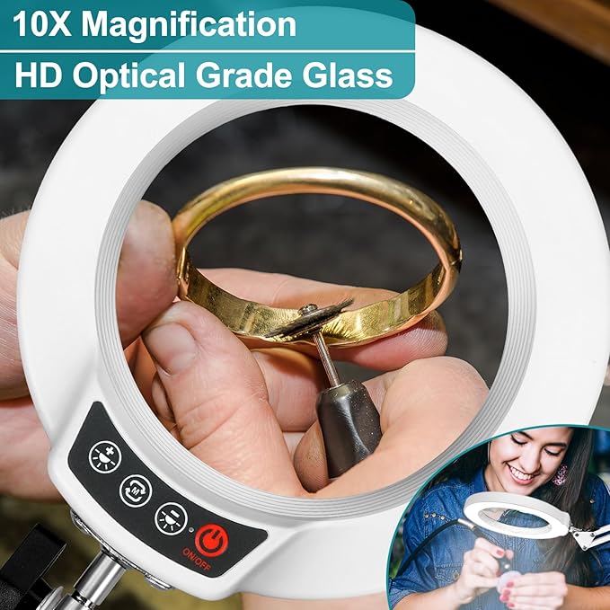 10X Magnifying Glass with Light and Stand, 2-in-1 Desk Lamp & Clamp Light, 5 Color Modes, Brightness Stepless Dimmable LED Lighted Magnifier Hands Free, Magnifier Lamp for Crafts - White