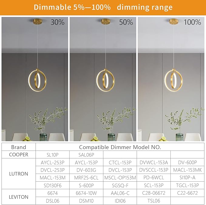 Modern LED Chandelier Gold Ring Pendant Light Fixtures 4000K Dimmable Height Adjustable Pendant Lighting for Dining Room Kitchen Island Bedroom Living Room Foyer（2-Pack）