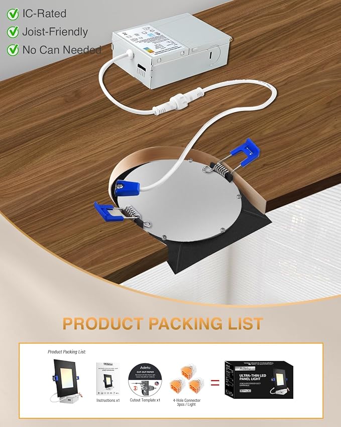 Adetu 4 inch Square Led Recessed Lighting Black,5CCT Ultra Thin Square Led Ceiling Light with Junction Box,2700K-5000K, 10W 860LM,Can-Killer Wafer Downlight,ETL and Energy Star Certified