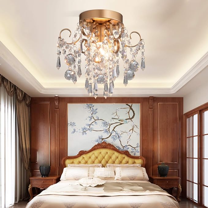 Q&S Mini Chandelier Crystal Ceiling Light,Small Flush Mount Gold Light Fixture for Entryway Bedroom Barthroom Hallway Closet E26