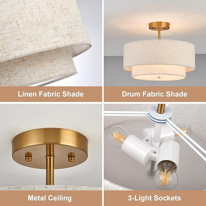 Flush Mount Ceiling Lights 16 Inch Fabric Semi Light Fixtures 3-Light Modern Drum Ceiling Light for Dining Room Kitchen Bedroom Foyer Hallway Entryway