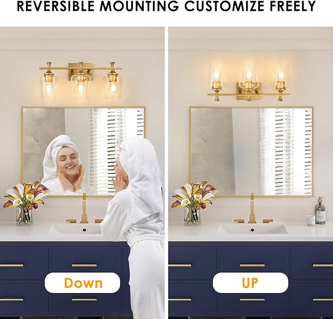 3 Light Bathroom Vanity Light - Gold Bathroom Lighting Fixtures Over Mirror, Modern Wall Sconces with Transparent Glass Lampshade for Bedroom Living Room Kitchen Cabinet Stair Hallway
