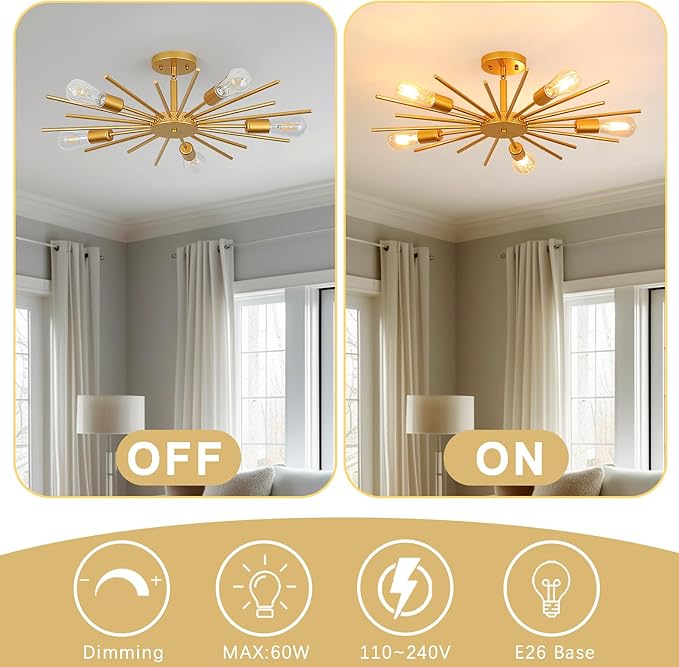 Gold Semi Flush Mount Ceiling Light, 27.5 Inch 5-Light Large Sputnik Flush Mount Light Fixtures, Modern Mid Century Sloped Ceiling Lighting for Kitche n, Entryway, Bedroom, Living Room