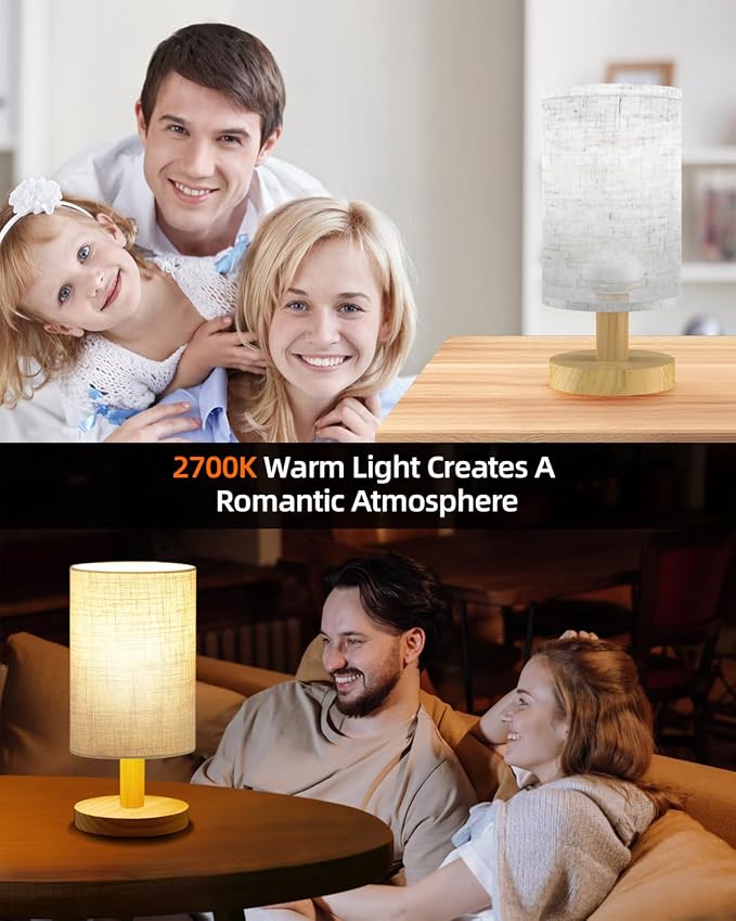 Small Table Lamp for Bedroom - Inline Control, Bedside Lamp for Warm Light LED Desk Lamp, Wood Base Round Flaxen Fabric Shade for Kids Room, Living Room, College Dorm, Home, Office