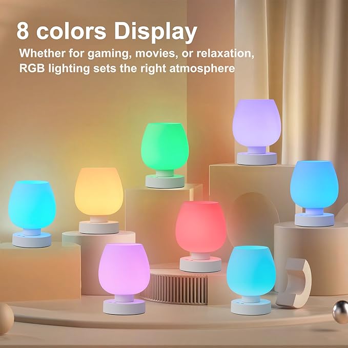 KARTOOSH Cordless Touch Bedside Table Lamp Set of 2, Rechargeable Battery Operated Desk Lamps with 8 RGB Colors, Dimmable Small Glass Nightstand Light for Living Room Bedroom Kitchen Counter