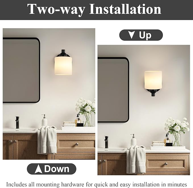 Mecgirn Matte Black Milk Glass Wall Sconces, 1 Pack Hardwired Indoor Wall Light Fixtures for Living Room, Hallway, Bedroom, Ceramic E26 Sockets (Bulbs Not Included)