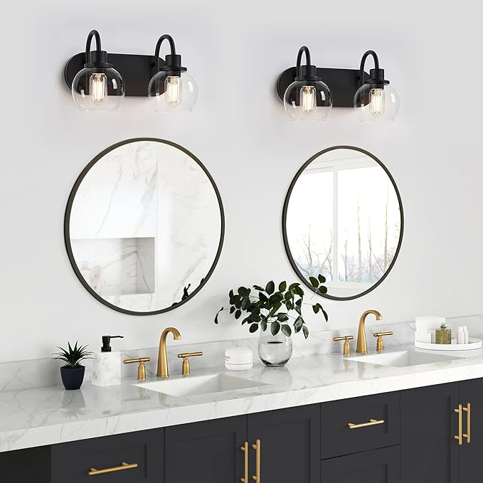 Dpyrrhic Modern 2-Light Vanity Light, Bathroom Lighting Fixture Over Mirror With Clear Glass Shade and Metal Base, Matte Black Wall Mounted for Bathroom