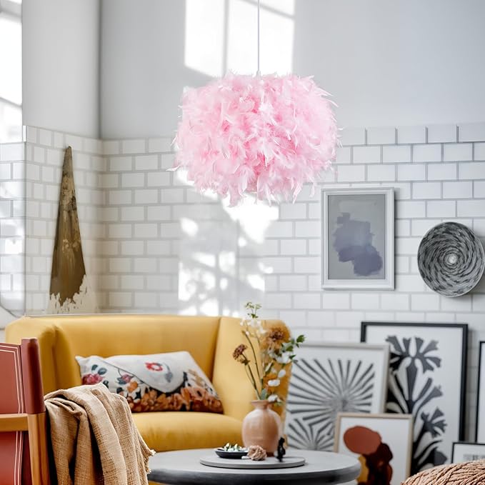 NZV Pink Feather Pendant Lights for Bedroom Romantic Feathers Light Fixture Pink Chandelier Girls Room Modern Hanging Ceiling Lighting for Dining Room Kitchen Island Foyer Hallway (Diameter 11.8in)