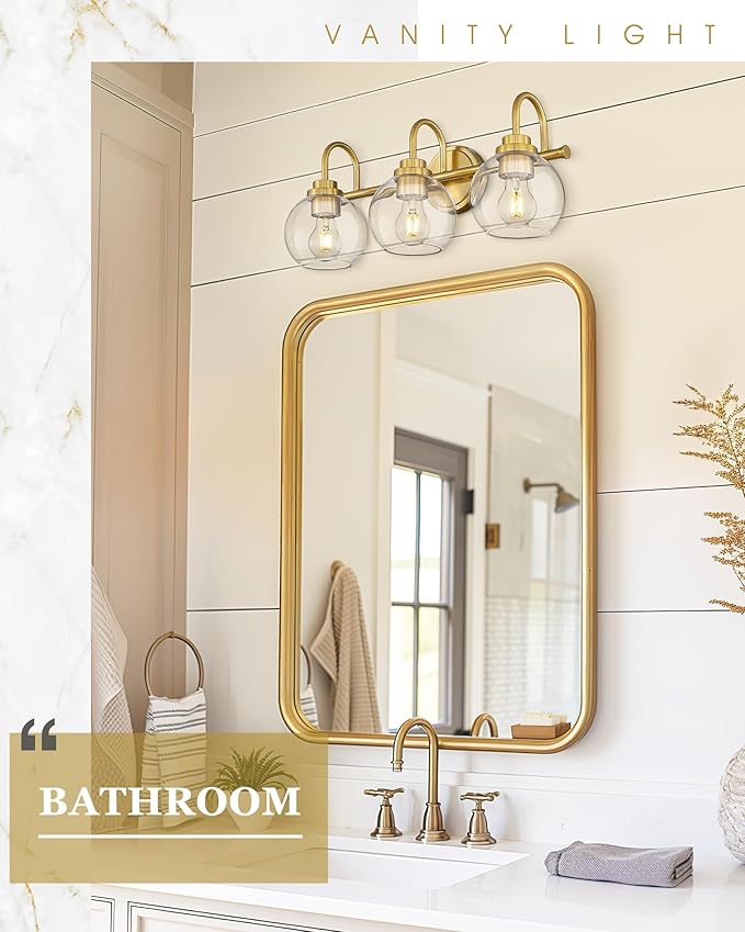 Bathroom Light Fixtures, 3-Light Brushed Gold Vanity Lights with Globe Clear Glass, Champagne Bronze Vanity Lighting Fixtures Over Mirror, AD-22280-3W-GD
