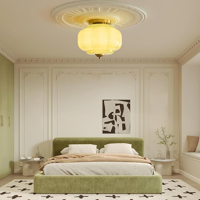 Vintage Ceiling Light Fixture 15 inch Semi Flush Mount Ceiling Light Antique Green Mid Century Milk Glass Ceiling Light for Kitchen Dining Room Hallway and Bedroom E26