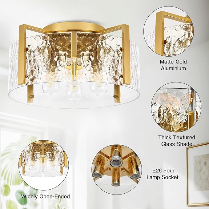 16'' Modern Gold Semi Flush Mount Ceiling Light, 4-Light Glass Drum Light Fixtures, Ceiling Lights for Hallway Entryway Bedroom Kitchen Canteen Bedroom Laundry Room Lighting Fixture Bulbs not Included