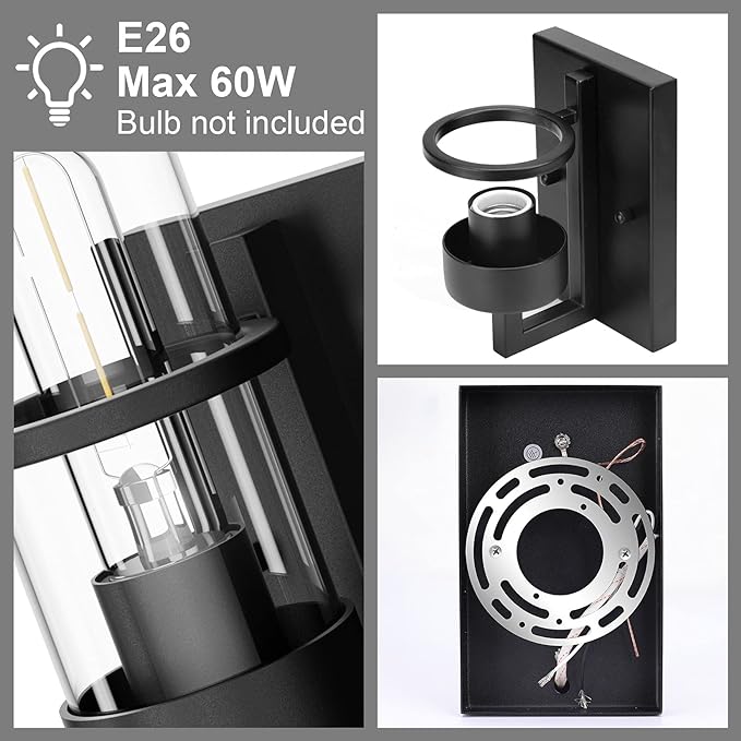 Tipace Black Hardwired Wall Sconces Set of 2,Modern Bathroom Vanity Sconces Wall Lighting with Clear Glass Shade,Farmhouse Wall Mount Lights for Mirror Bedroom Living Room Hallway Kitchen