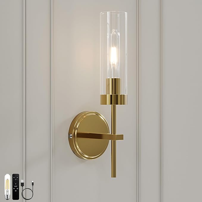 Gold Battery Operated Wall Sconce, Wireless Wall Sconces with Remote Control, Rechargeable 3000K Dimmable Wall Light for Bedroom Living Room Bathroom Hallway Entryway Stairwell