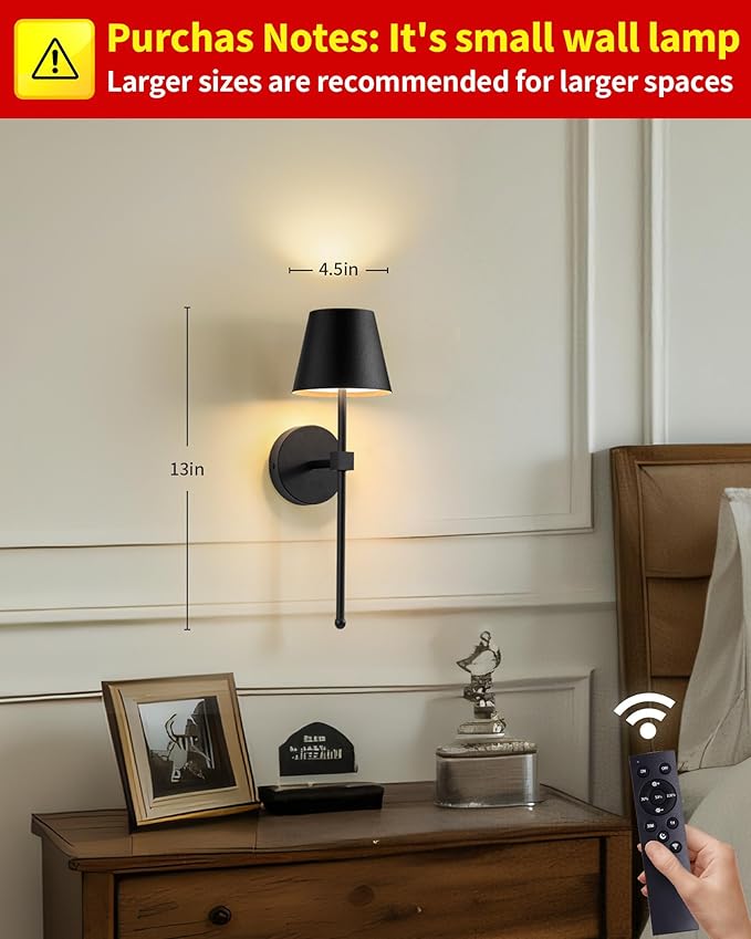 KDG Wireless Wall Sconces Set of 2, Small Cordless 5200mAh Rechargeable Battery LED Wall Lamps, Stepless Dimming Lightings for Wall Painting, Living Room, Bedroom, Hallway, Gifts, Night Light (Black)