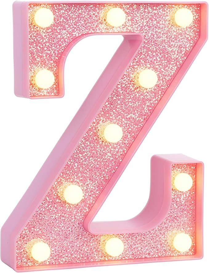 Pink Marquee Light Up Letters, Glitter Alphabet LED Letter Lights for Pink Birthday Party Decorations, Battery Operated Letter Sign for Girls Room Vanity Table Decor, Warm White Lights Letter Z