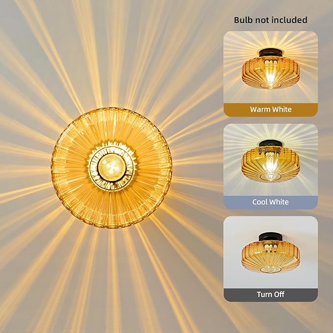 Glass Semi Flush Ceiling Lights - 12 in Vintage Mid Century Modern Lighting Fixture - Drum Unique Art Deco Amber Mount Light Fixtures for Hallway Entry Way Hall Kitchen Dining Laundry Room Foyer Porch