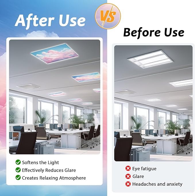 6 Pcs Fluorescent Light Covers with 60 Magnets Decorative for Classroom Ceiling Light 4 x 2 Feet Magnetic Lights Covers Filter Easy Install for Office Hospitals & Home Drop Ceiling Supplies (Cumulus)