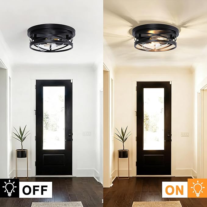 COTULIN Farmhouse Black Flush Mount Ceiling Lights 2 Pack, Industrial Metal Cage Hallway Round Light fixtures with Rustic Light fixtures for Living Room Bedroom, Hallway, Kitchen (2-Light)